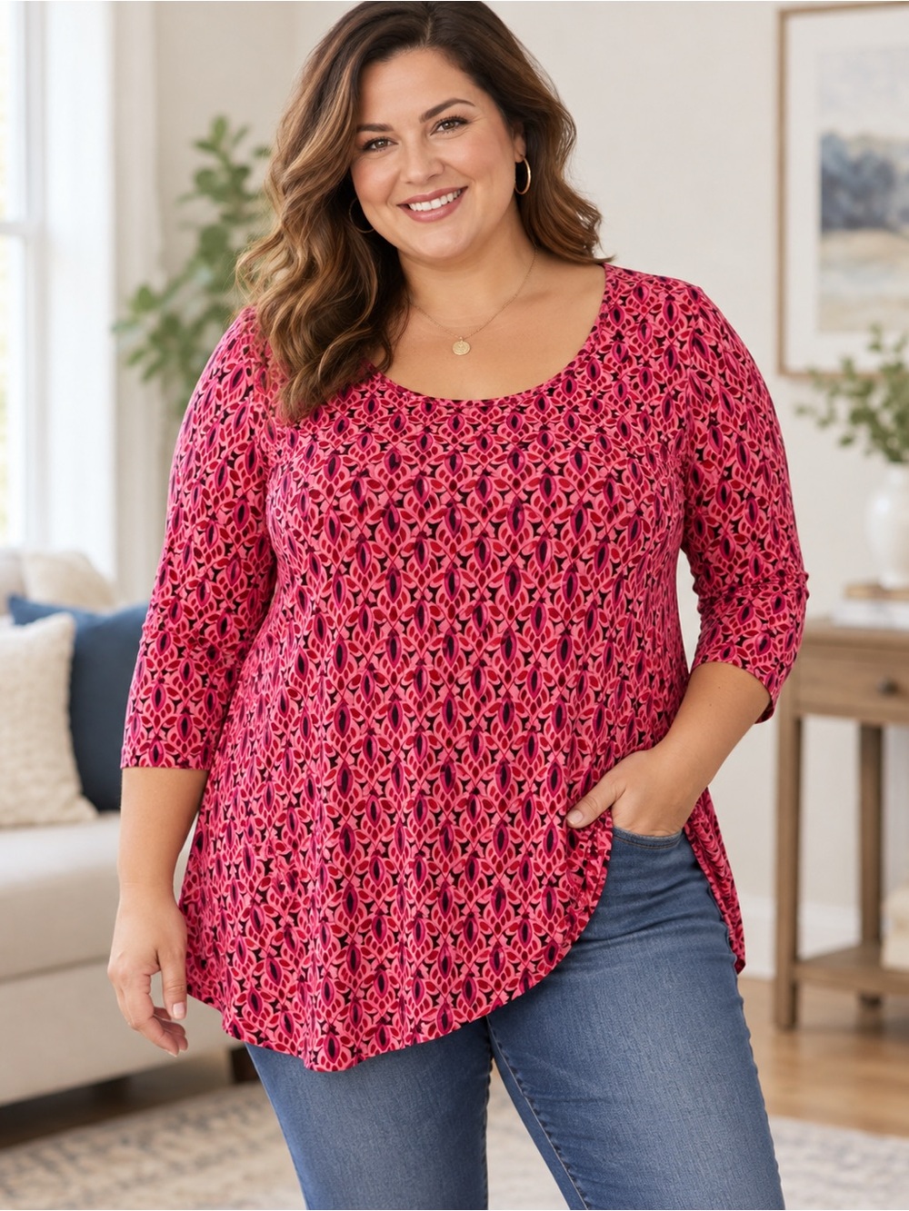 JM Collection Pink Patterned Long-Sleeve Top